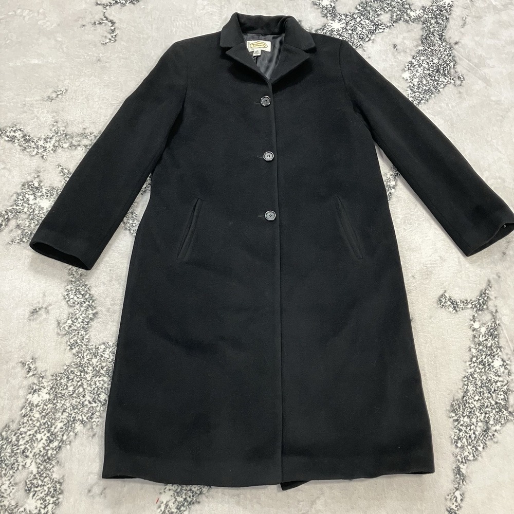Talbots Black Wool Angora Cashmere Blend Long Coat Button Front Women's Size 10